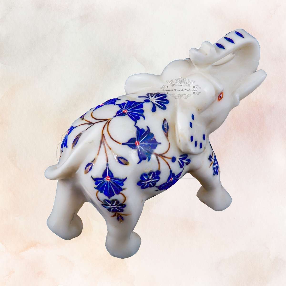 Blue Flower with Golden Stems Designed Marble Elephant